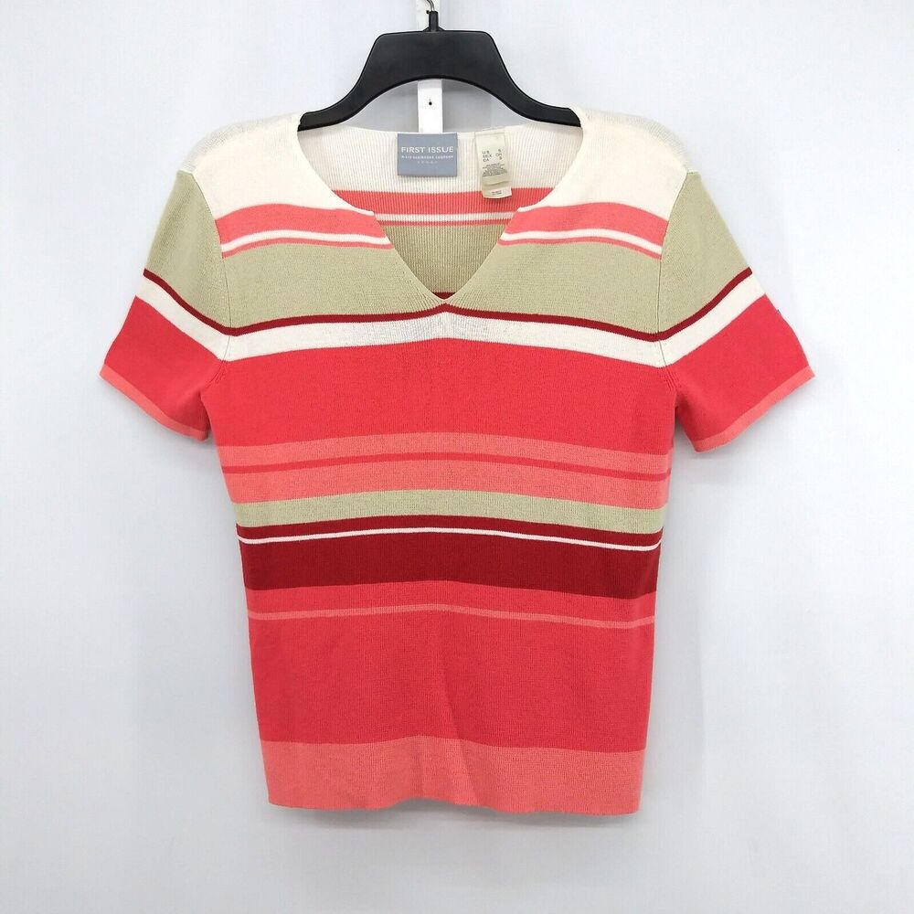 First Issue Shirt Womens Size S Orange Striped Short Sleeve V-Neck Knit Top